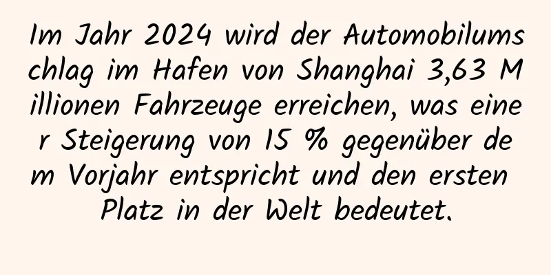 Im Jahr 2024 wird der Automobilumschlag im Hafen von Shanghai 3,63 Millionen Fahrzeuge erreichen, was einer Steigerung von 15 % gegenüber dem Vorjahr entspricht und den ersten Platz in der Welt bedeutet.
