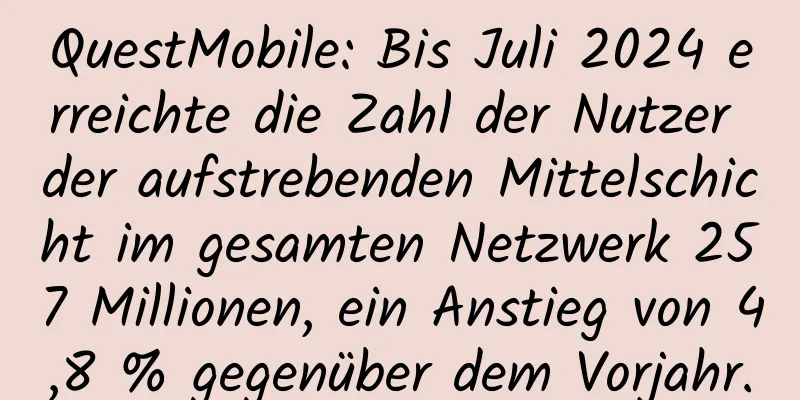 QuestMobile: Bis Juli 2024 erreichte die Zahl der Nutzer der aufstrebenden Mittelschicht im gesamten Netzwerk 257 Millionen, ein Anstieg von 4,8 % gegenüber dem Vorjahr.