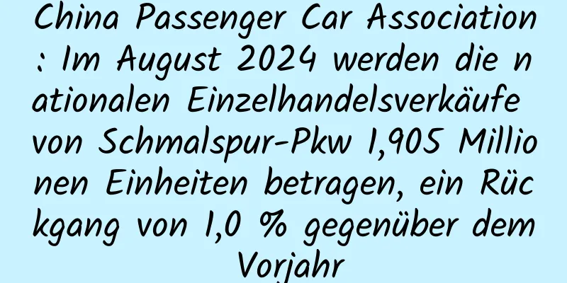China Passenger Car Association: Im August 2024 werden die nationalen Einzelhandelsverkäufe von Schmalspur-Pkw 1,905 Millionen Einheiten betragen, ein Rückgang von 1,0 % gegenüber dem Vorjahr