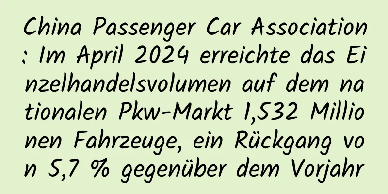 China Passenger Car Association: Im April 2024 erreichte das Einzelhandelsvolumen auf dem nationalen Pkw-Markt 1,532 Millionen Fahrzeuge, ein Rückgang von 5,7 % gegenüber dem Vorjahr