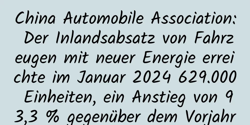 China Automobile Association: Der Inlandsabsatz von Fahrzeugen mit neuer Energie erreichte im Januar 2024 629.000 Einheiten, ein Anstieg von 93,3 % gegenüber dem Vorjahr