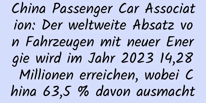 China Passenger Car Association: Der weltweite Absatz von Fahrzeugen mit neuer Energie wird im Jahr 2023 14,28 Millionen erreichen, wobei China 63,5 % davon ausmacht