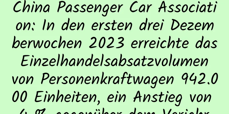 China Passenger Car Association: In den ersten drei Dezemberwochen 2023 erreichte das Einzelhandelsabsatzvolumen von Personenkraftwagen 942.000 Einheiten, ein Anstieg von 4 % gegenüber dem Vorjahr.