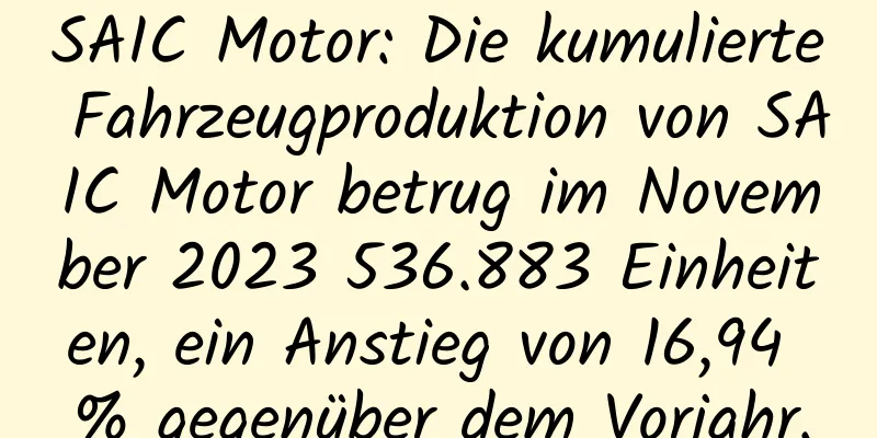 SAIC Motor: Die kumulierte Fahrzeugproduktion von SAIC Motor betrug im November 2023 536.883 Einheiten, ein Anstieg von 16,94 % gegenüber dem Vorjahr.