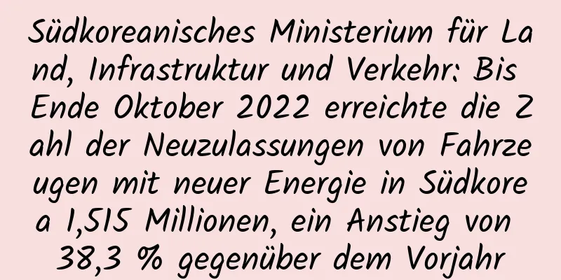 Südkoreanisches Ministerium für Land, Infrastruktur und Verkehr: Bis Ende Oktober 2022 erreichte die Zahl der Neuzulassungen von Fahrzeugen mit neuer Energie in Südkorea 1,515 Millionen, ein Anstieg von 38,3 % gegenüber dem Vorjahr