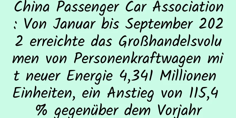 China Passenger Car Association: Von Januar bis September 2022 erreichte das Großhandelsvolumen von Personenkraftwagen mit neuer Energie 4,341 Millionen Einheiten, ein Anstieg von 115,4 % gegenüber dem Vorjahr