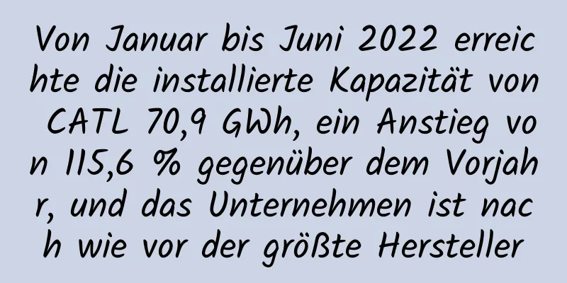 Von Januar bis Juni 2022 erreichte die installierte Kapazität von CATL 70,9 GWh, ein Anstieg von 115,6 % gegenüber dem Vorjahr, und das Unternehmen ist nach wie vor der größte Hersteller