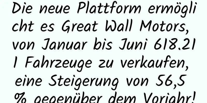 Die neue Plattform ermöglicht es Great Wall Motors, von Januar bis Juni 618.211 Fahrzeuge zu verkaufen, eine Steigerung von 56,5 % gegenüber dem Vorjahr!