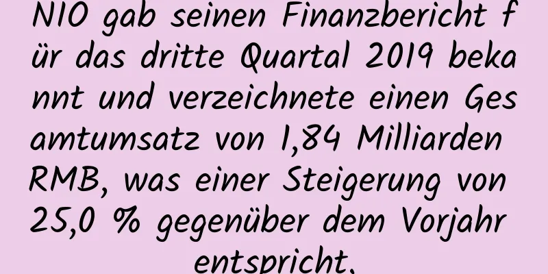 NIO gab seinen Finanzbericht für das dritte Quartal 2019 bekannt und verzeichnete einen Gesamtumsatz von 1,84 Milliarden RMB, was einer Steigerung von 25,0 % gegenüber dem Vorjahr entspricht.