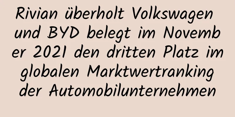 Rivian überholt Volkswagen und BYD belegt im November 2021 den dritten Platz im globalen Marktwertranking der Automobilunternehmen