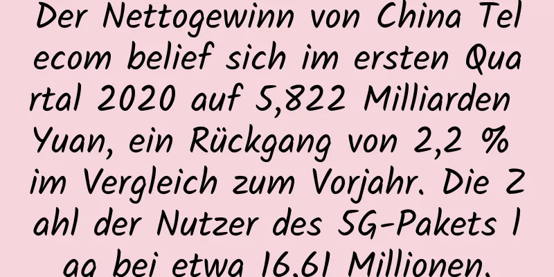 Der Nettogewinn von China Telecom belief sich im ersten Quartal 2020 auf 5,822 Milliarden Yuan, ein Rückgang von 2,2 % im Vergleich zum Vorjahr. Die Zahl der Nutzer des 5G-Pakets lag bei etwa 16,61 Millionen.