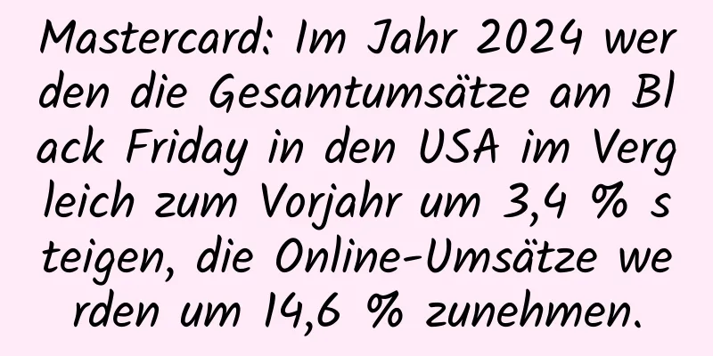 Mastercard: Im Jahr 2024 werden die Gesamtumsätze am Black Friday in den USA im Vergleich zum Vorjahr um 3,4 % steigen, die Online-Umsätze werden um 14,6 % zunehmen.