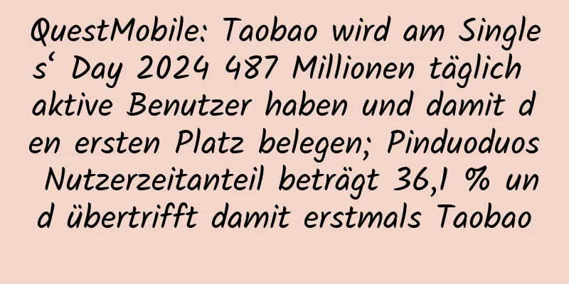 QuestMobile: Taobao wird am Singles‘ Day 2024 487 Millionen täglich aktive Benutzer haben und damit den ersten Platz belegen; Pinduoduos Nutzerzeitanteil beträgt 36,1 % und übertrifft damit erstmals Taobao