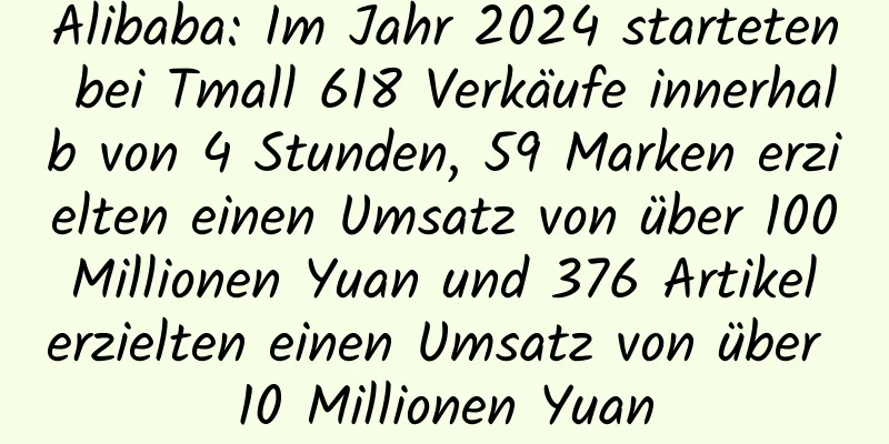 Alibaba: Im Jahr 2024 starteten bei Tmall 618 Verkäufe innerhalb von 4 Stunden, 59 Marken erzielten einen Umsatz von über 100 Millionen Yuan und 376 Artikel erzielten einen Umsatz von über 10 Millionen Yuan