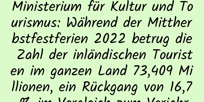 Ministerium für Kultur und Tourismus: Während der Mittherbstfestferien 2022 betrug die Zahl der inländischen Touristen im ganzen Land 73,409 Millionen, ein Rückgang von 16,7 % im Vergleich zum Vorjahr.