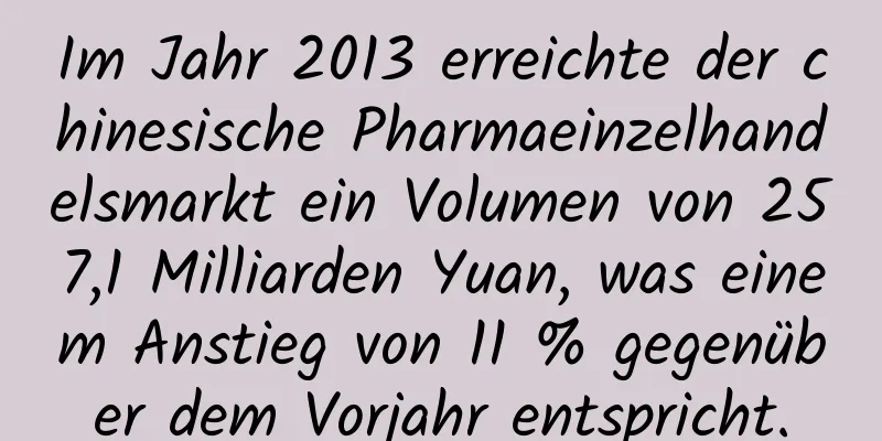 Im Jahr 2013 erreichte der chinesische Pharmaeinzelhandelsmarkt ein Volumen von 257,1 Milliarden Yuan, was einem Anstieg von 11 % gegenüber dem Vorjahr entspricht.
