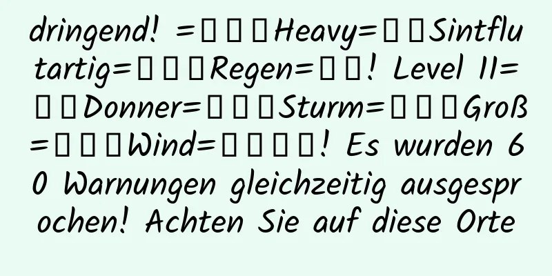 dringend! =͟͟͞Heavy=͟͟Sintflutartig=͟͟͞Regen=͟͟! Level 11=͟͟Donner=͟͟͞Sturm=͟͟͞Groß=͟͟͞Wind=͟͟͞͞! Es wurden 60 Warnungen gleichzeitig ausgesprochen! Achten Sie auf diese Orte